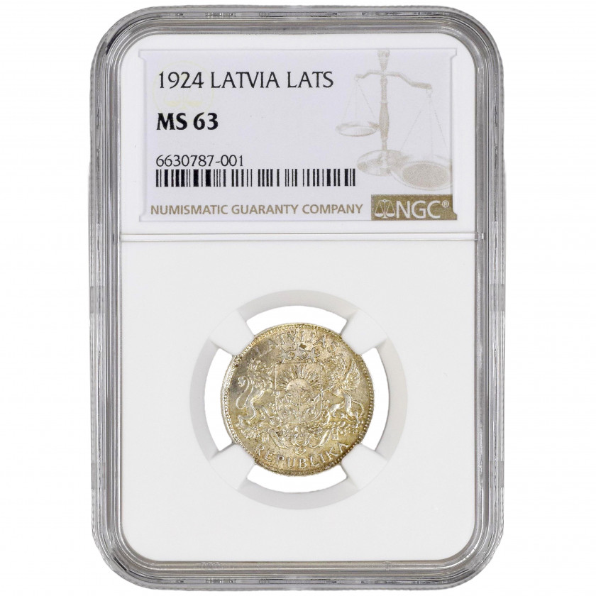 Monēta NGC slaba "1 Lats 1924. gadā, Latvija, MS 63"