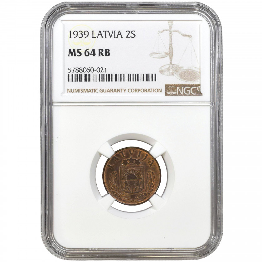 Monēta NGC slaba "2 santimi 1939. gadā, Latvija, MS 64 RB"