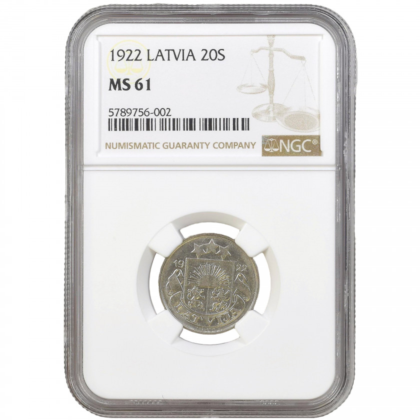 Coin in NGC slab "20 santimu 1922, Latvia, MS 61"