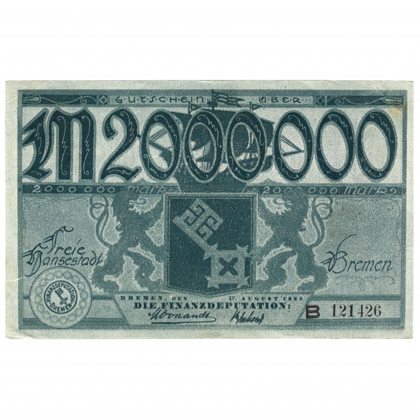 Notgeld, 2 Miljoni Marku, Brēmene, Vācija, 1923 (VF)
