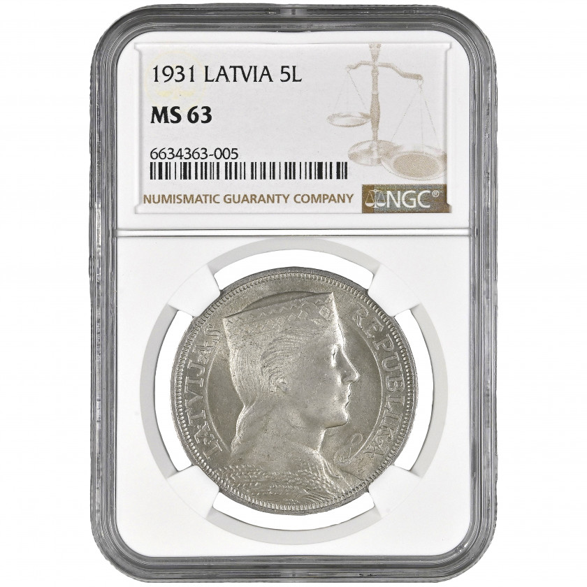 Coin in NGC slab "5 Lati 1931, Latvia, MS 63"