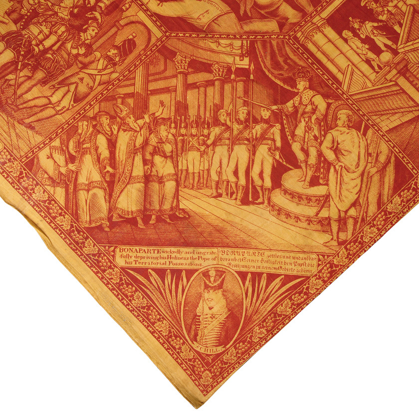 Yellow cotton memorial handkerchief in honour of the victory over Napoleon I "Stage of Europe December 1812"