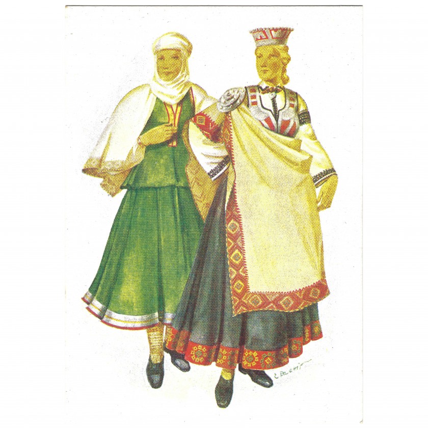 Postcard "Regional costumes - Nīca, Bārta, Rucava, Virga"