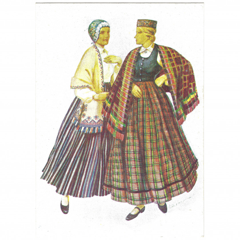Postcard "Regional costumes - Skrunda, Kandava, Kabile"