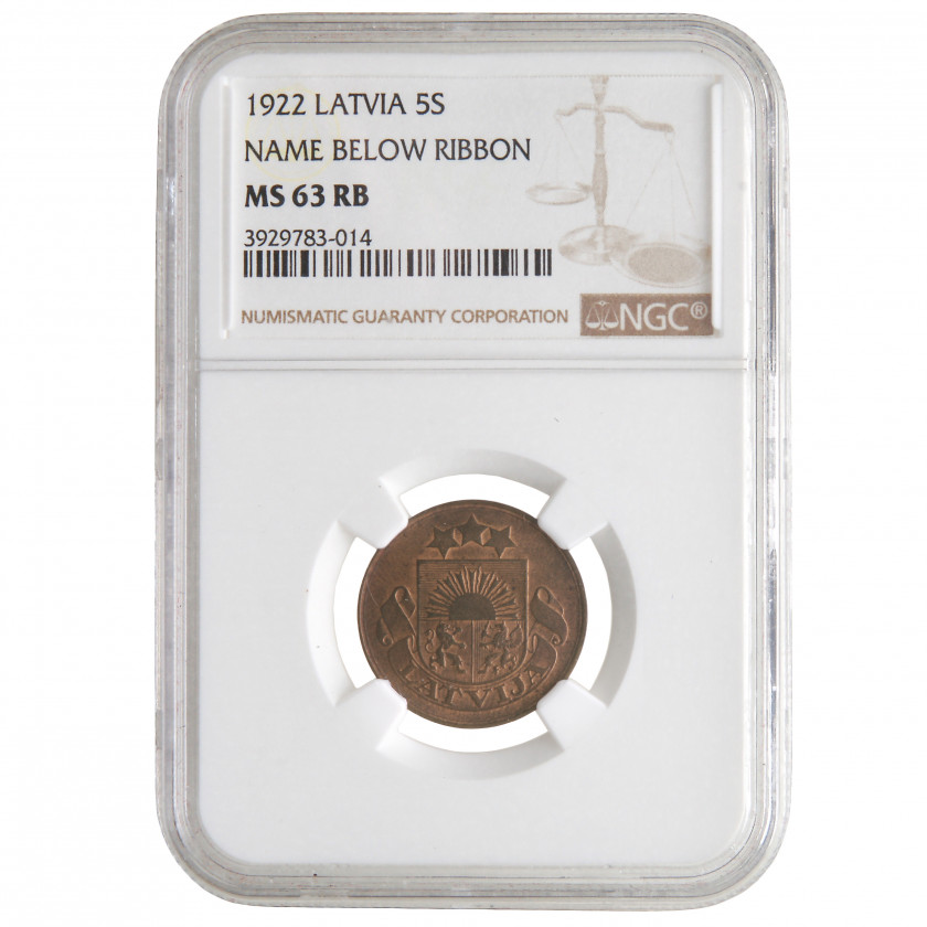 Monēta NGC slaba "5 santimi 1922. gadā, Latvija, MS 63 RB"
