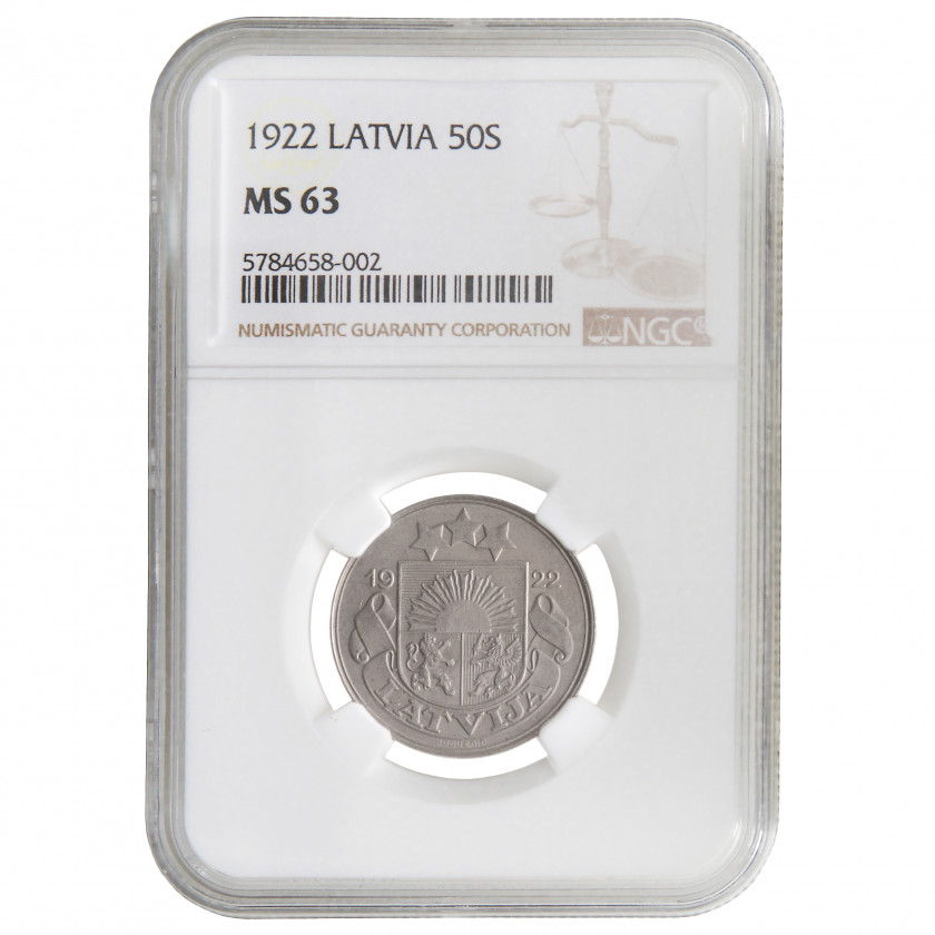 Monēta NGC slaba "50 santimu 1922. gadā, Latvija, MS 63"