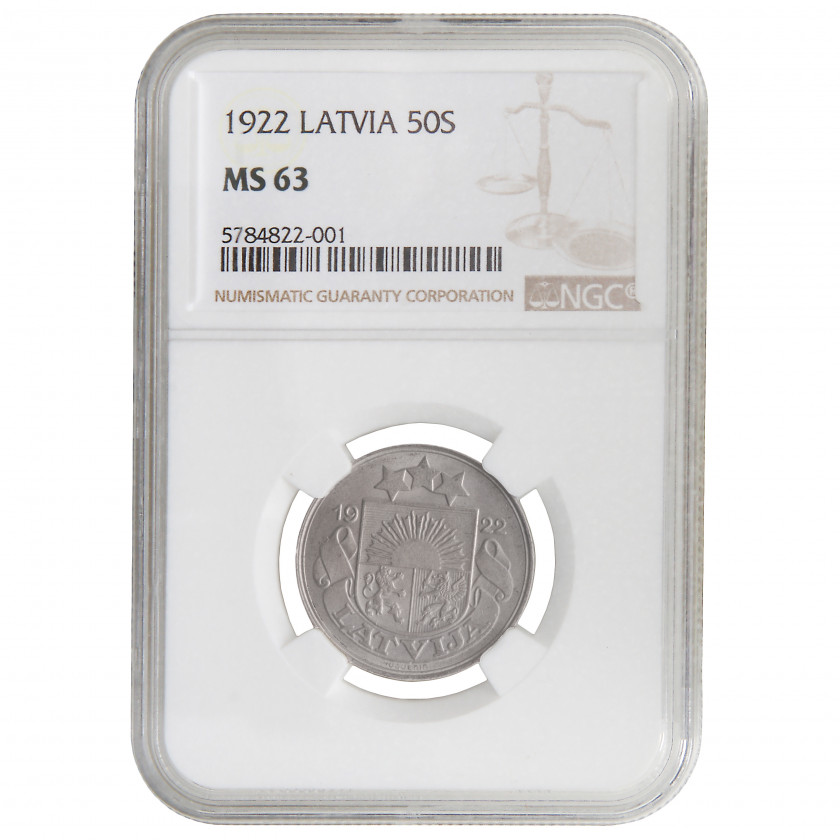 Monēta NGC slaba "50 santimu 1922. gadā, Latvija, MS 63"