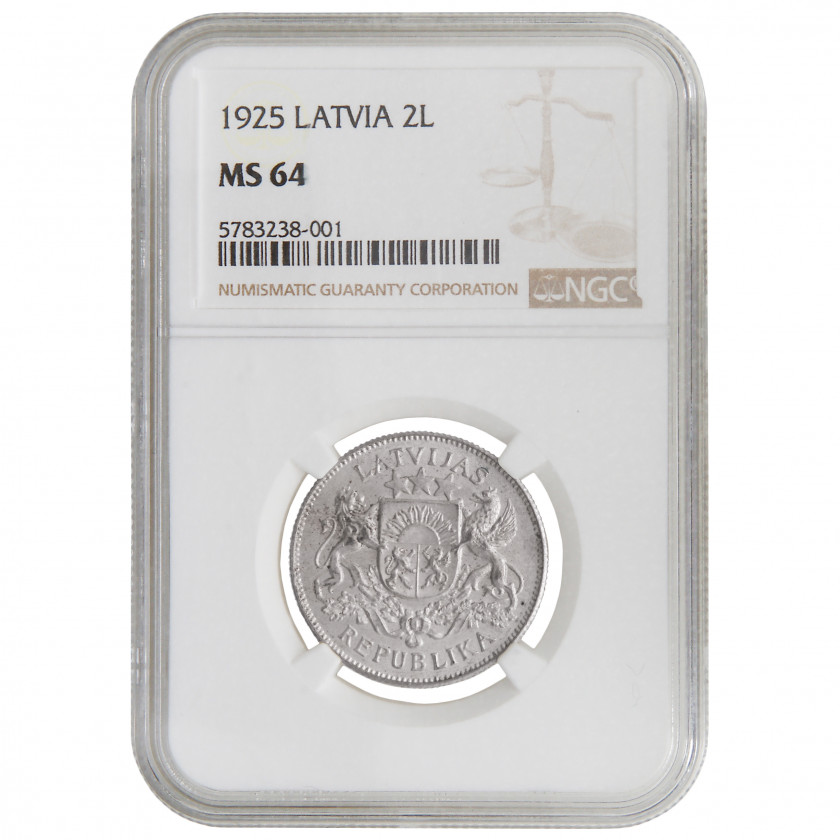 Монета в слабе NGC "2 Лата 1925 года, Латвия, MS 64"