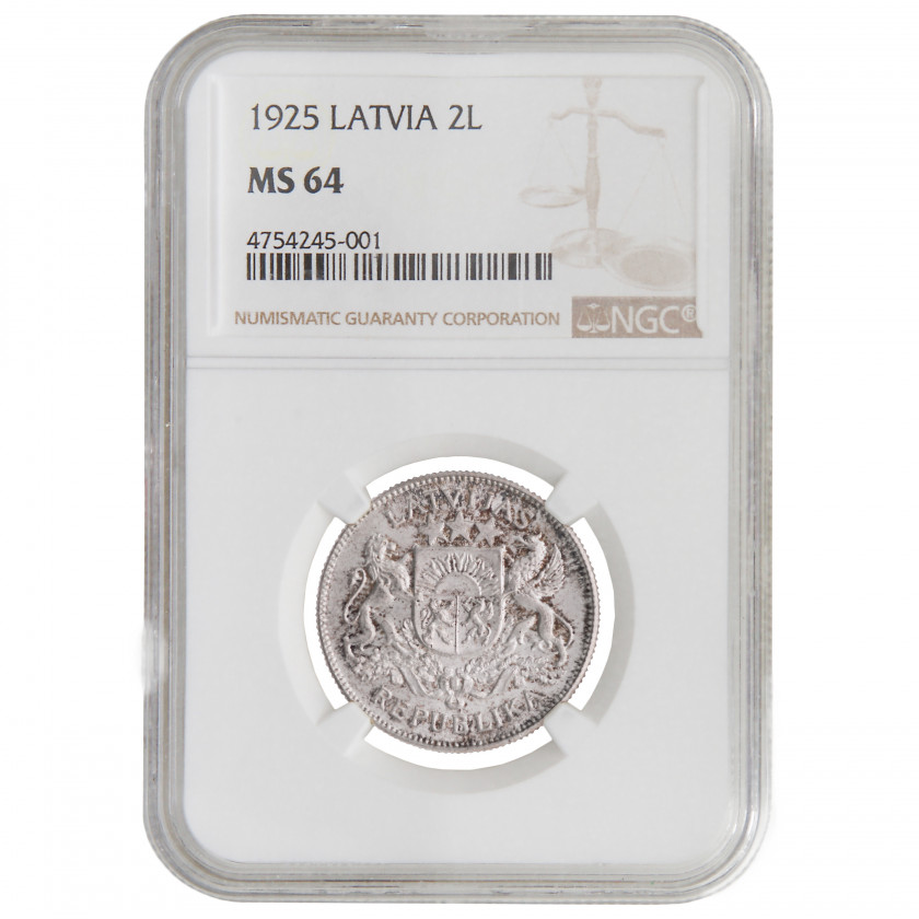 Monēta NGC slaba "2 Lati 1925. gadā, Latvija, MS 64"