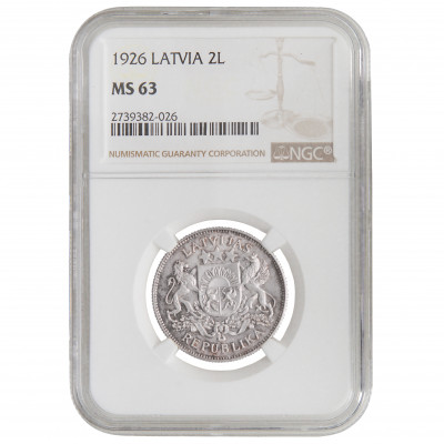 Coin in NGC slab "2 Lati 1926, Latvia, MS 63"