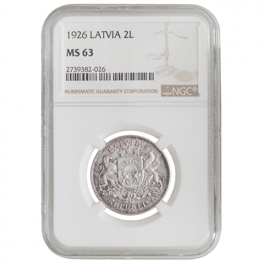 Monēta NGC slaba "2 Lati 1926. gadā, Latvija, MS 63"