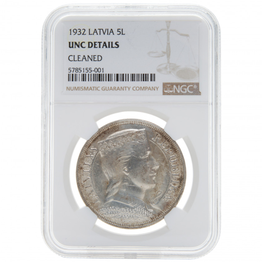 Монета в слабе NGC "5 Лат 1932 года, Латвия, UNC Details, Cleaned"