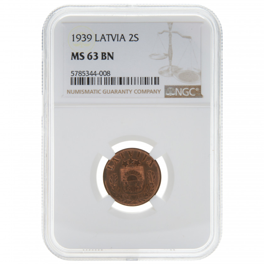 Coin in NGC slab "2 santimi 1939, Latvia, MS 63 BN"