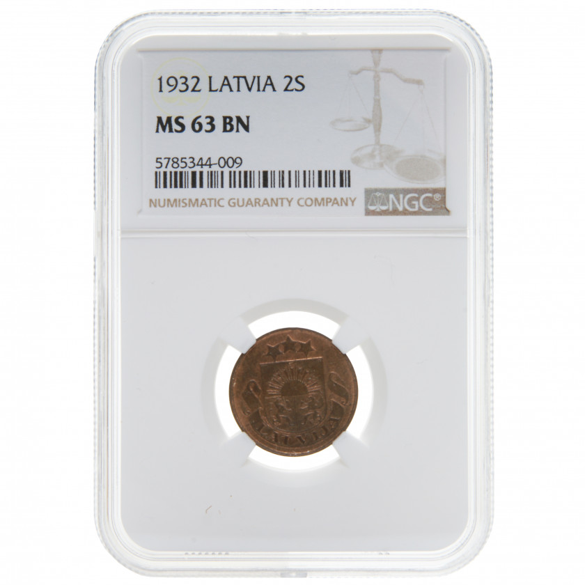 Monēta NGC slaba "2 santimi 1932. gadā, Latvija, MS 63 BN"