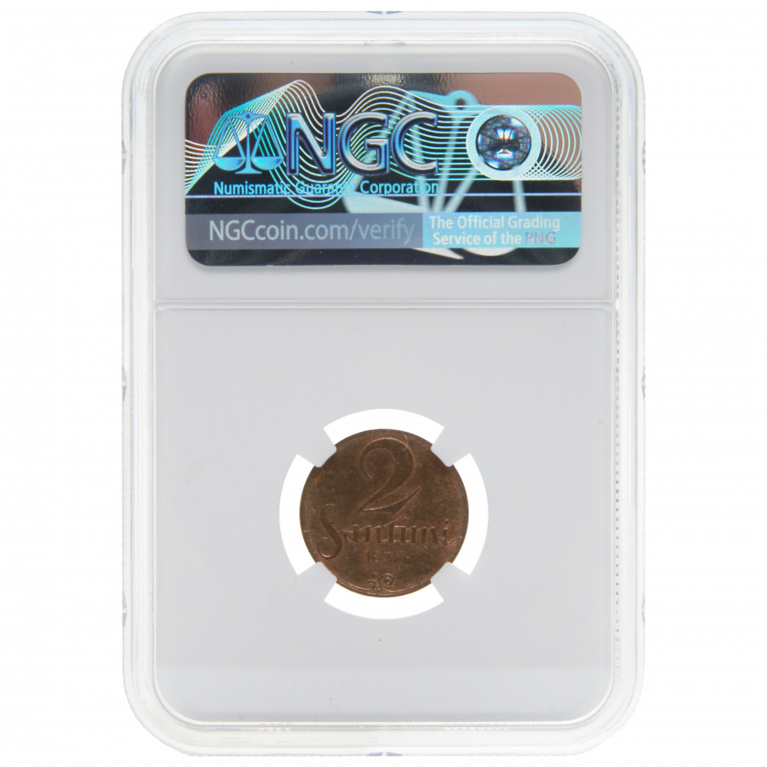 Coin in NGC slab "2 santimi 1932, Latvia, MS 63 BN"