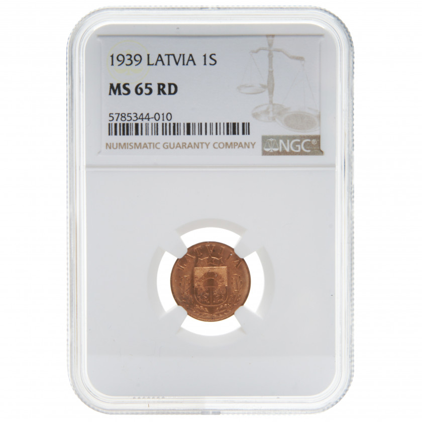 Monēta NGC slaba "1 santims 1939. gadā, Latvija, MS 65 RD"