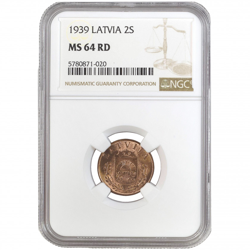 Monēta NGC slaba "2 santimi 1939. gadā, Latvija, MS 64 RD"