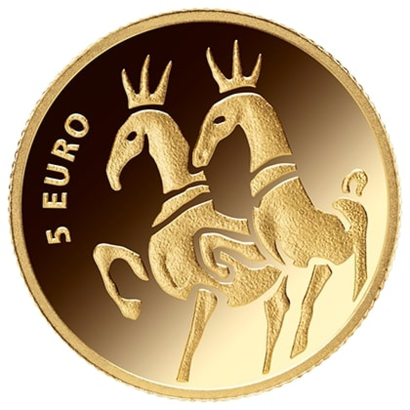 Золотая монета "5 Евро 2023, Латвия, Золотые лошади"